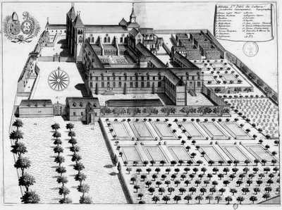 Gegraveerde plaat uit de 17e eeuw die de abdij Saint-Pierre de la Couture du Mans voorstelt door Michel Germain